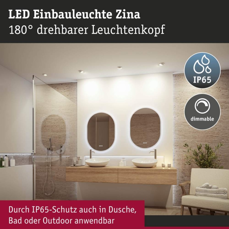 Paulmann LED Einbauleuchte Zina IP65 5W / 8W 685lm / 0lm 230V dimmbar 2700 - 4000K Weiß matt