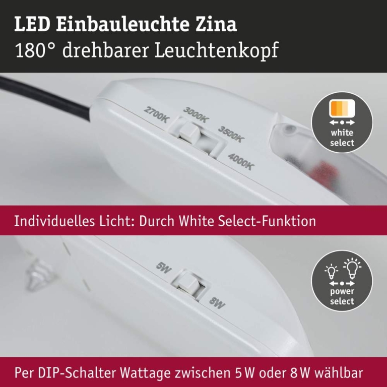 Paulmann LED Einbauleuchte Zina IP65 5W / 8W 685lm / 0lm 230V dimmbar 2700 - 4000K Schwarz matt