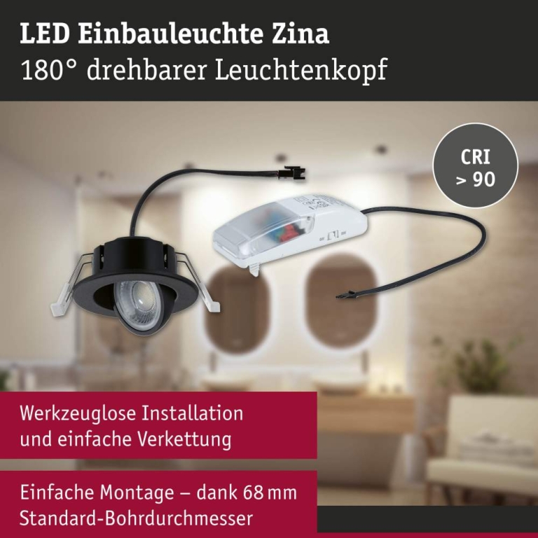Paulmann LED Einbauleuchte Zina IP65 5W / 8W 685lm / 0lm 230V dimmbar 2700 - 4000K Schwarz matt