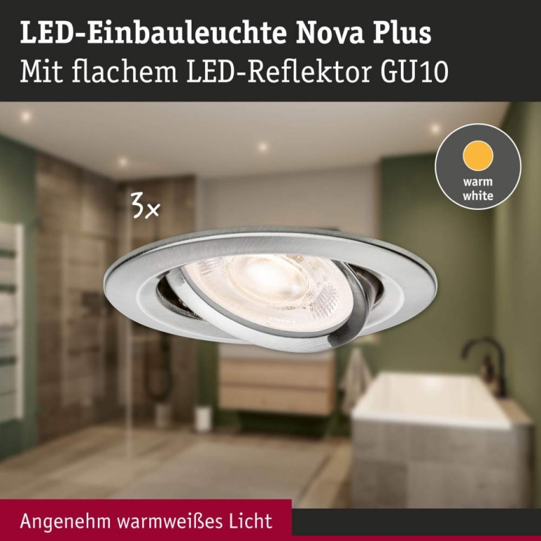 Paulmann LED Einbauleuchte Nova Plus GU10 Flat IP65 93mm 3x4,9W 3x550lm 230V dimmbar 2700K Eisen gebürstet