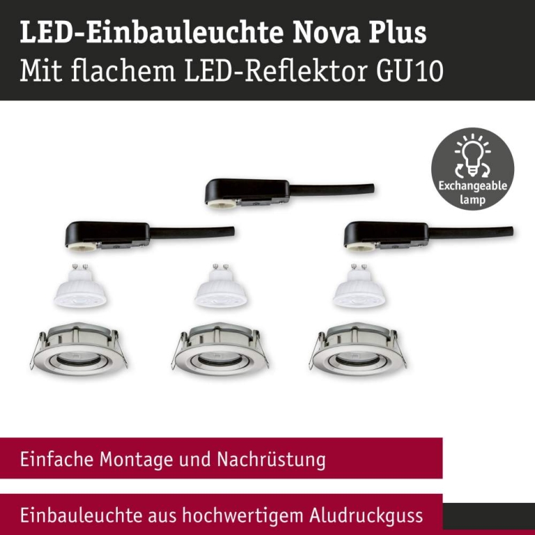 Paulmann LED Einbauleuchte Nova Plus GU10 Flat IP65 93mm 3x4,9W 3x550lm 230V dimmbar 2700K Eisen gebürstet