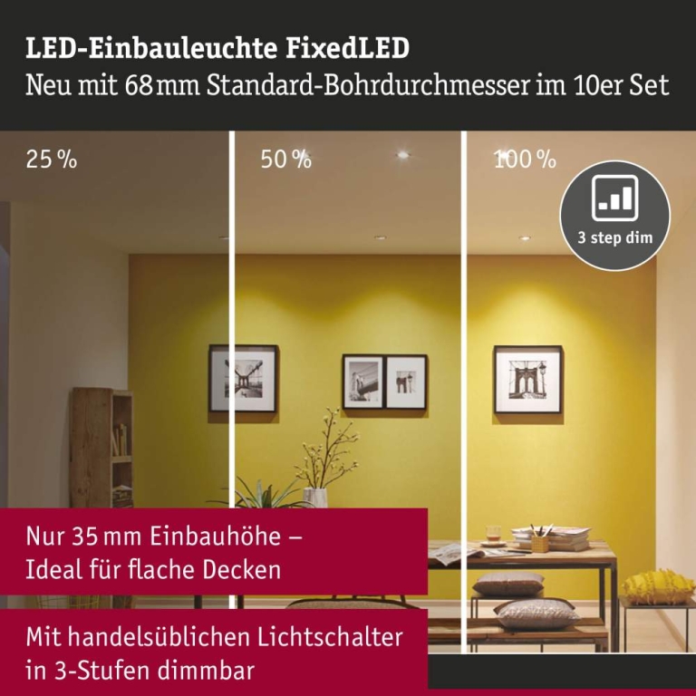 Paulmann LED Einbauleuchte FixedLED 10er-Set schwenkbar 25° 10x4,8W 10x460lm 230V  3000K Weiß