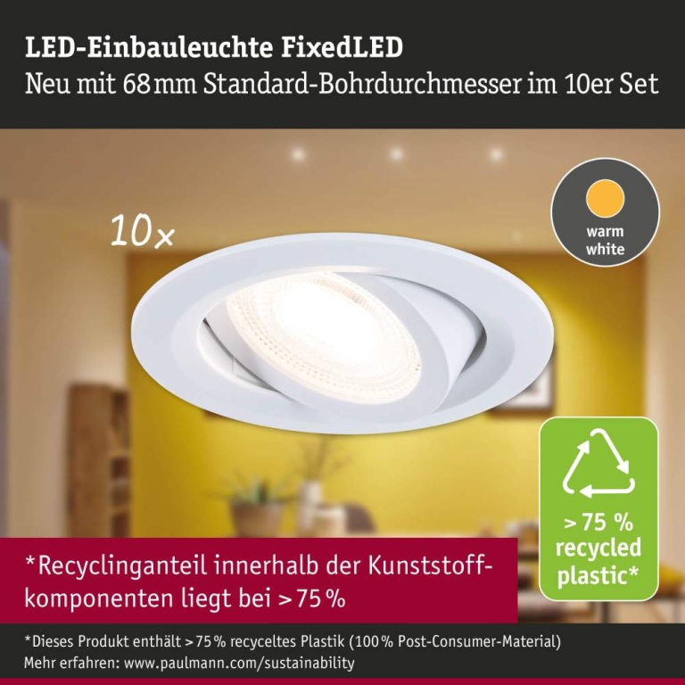 Paulmann LED Einbauleuchte FixedLED 10er-Set schwenkbar 25° 10x4,8W 10x460lm 230V  3000K Weiß