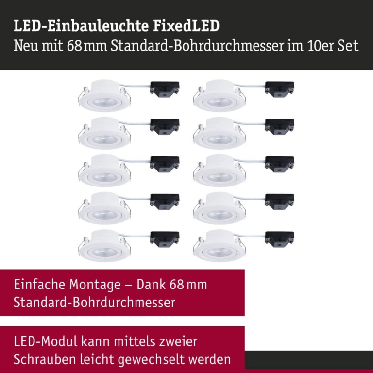 Paulmann LED Einbauleuchte FixedLED 10er-Set schwenkbar 25° 10x4,8W 10x460lm 230V  3000K Weiß