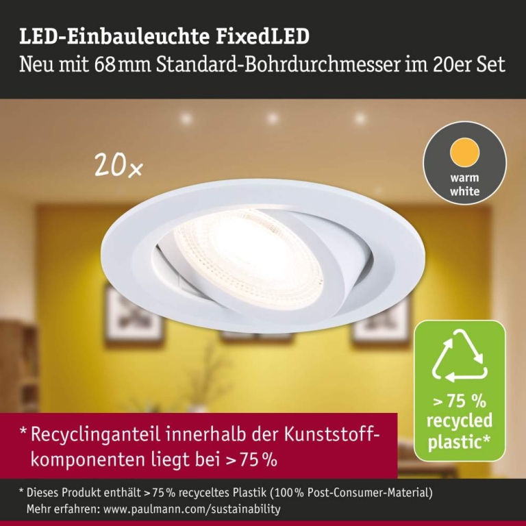 Paulmann LED Einbauleuchte FixedLED 20er-Set schwenkbar 25° 20x4,8W 20x460lm 230V  3000K Weiß