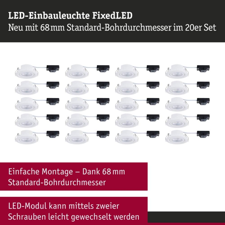 Paulmann LED Einbauleuchte FixedLED 20er-Set schwenkbar 25° 20x4,8W 20x460lm 230V  3000K Weiß