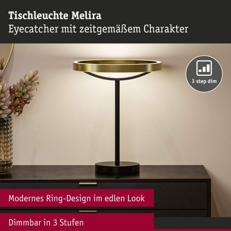 Paulmann LED Tischleuchte 3-Step-Dim Melira 2700K 580lm 10W Schwarz matt, Gold
