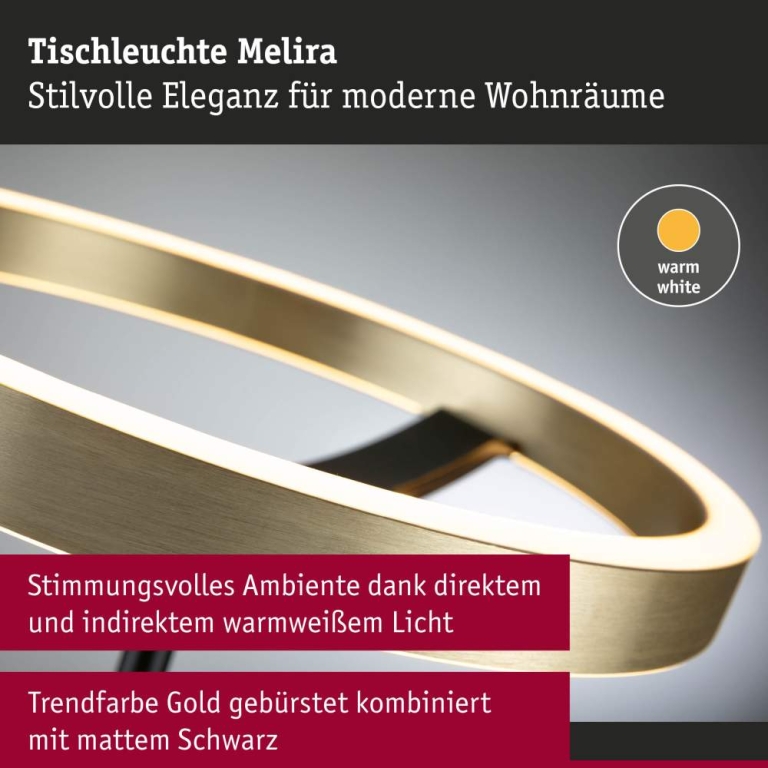 Paulmann LED Tischleuchte 3-Step-Dim Melira 2700K 580lm 10W Schwarz matt, Gold