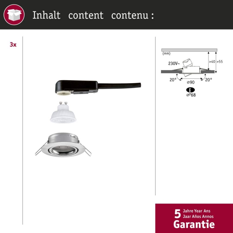 Paulmann LED Einbauleuchte Base GU10 Flat schwenkbar 3x4W 3x400lm 230V  2700K Eisen gebürstet