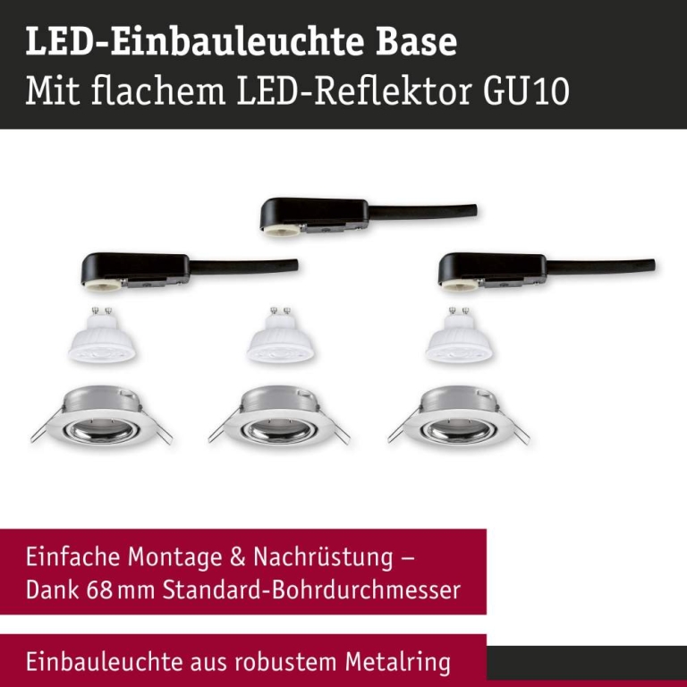 Paulmann LED Einbauleuchte Base GU10 Flat schwenkbar 3x4W 3x400lm 230V  2700K Eisen gebürstet