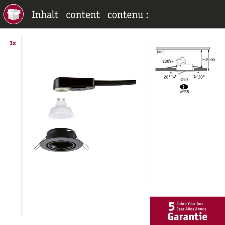 Paulmann LED Einbauleuchte Base GU10 Flat schwenkbar 3x4W 3x400lm 230V  2700K Schwarz matt