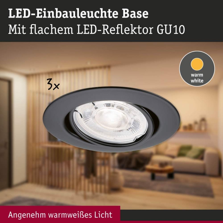 Paulmann LED Einbauleuchte Base GU10 Flat schwenkbar 3x4W 3x400lm 230V  2700K Schwarz matt