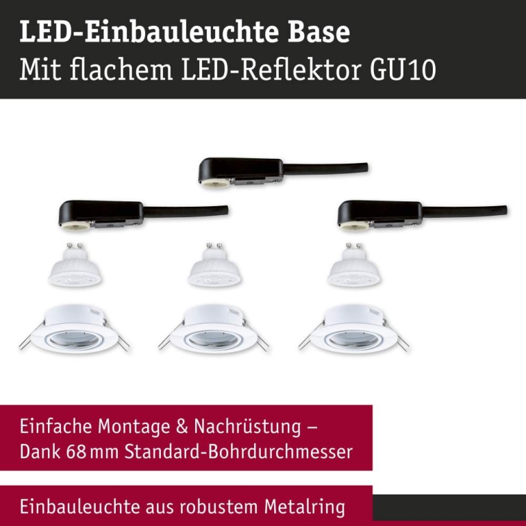 Paulmann LED Einbauleuchte Base GU10 Flat schwenkbar 3x4,9W 3x550lm 230V dimmbar 2700K Weiß