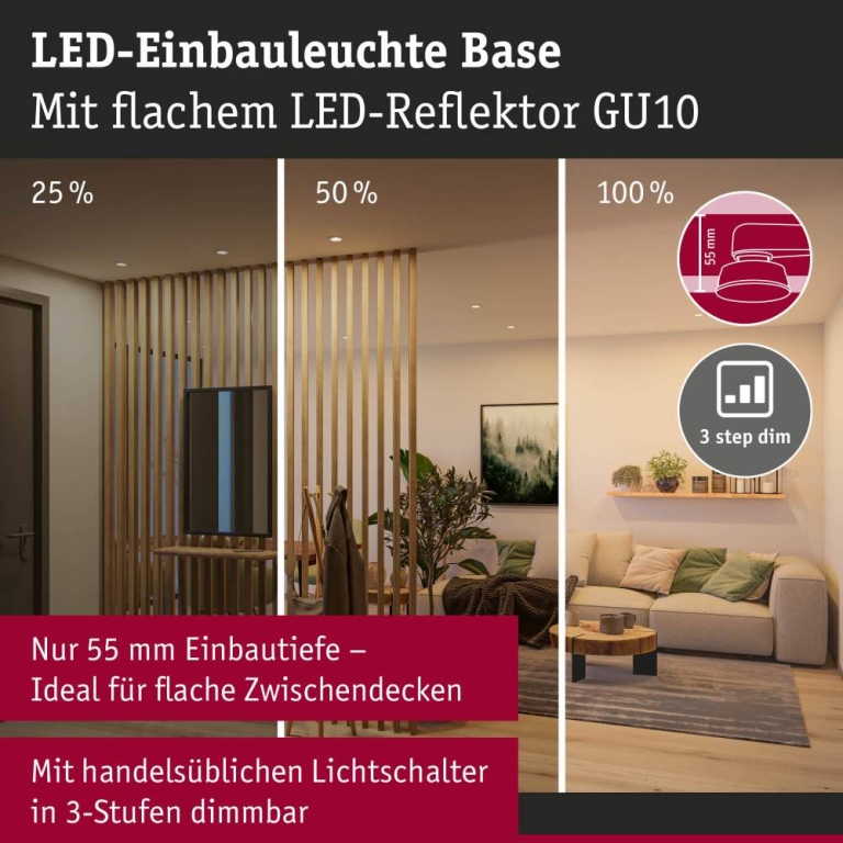 Paulmann LED Einbauleuchte Base GU10 Flat schwenkbar 3x4,9W 3x550lm 230V dimmbar 2700K Weiß