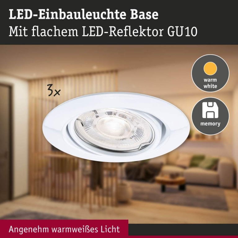 Paulmann LED Einbauleuchte Base GU10 Flat schwenkbar 3x4,9W 3x550lm 230V dimmbar 2700K Weiß