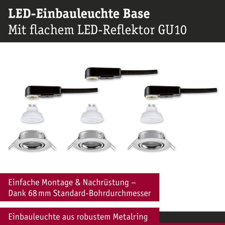 Paulmann LED Einbauleuchte Base GU10 Flat schwenkbar 3x4,9W 3x550lm 230V dimmbar 2700K Eisen gebürstet