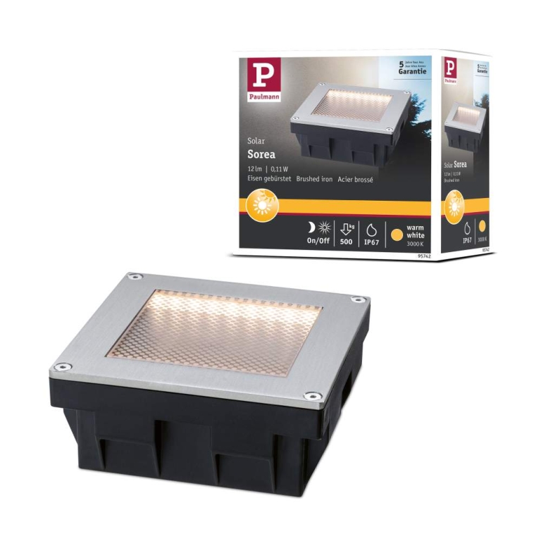 Paulmann Solar LED Bodeneinbauleuchte Sorea Dämmerungssensor IP67 eckig 100x100mm 3000K 0,1W 6lm 3,7V Eisen gebürstet ABS, Polycarbonat, Edelstahl