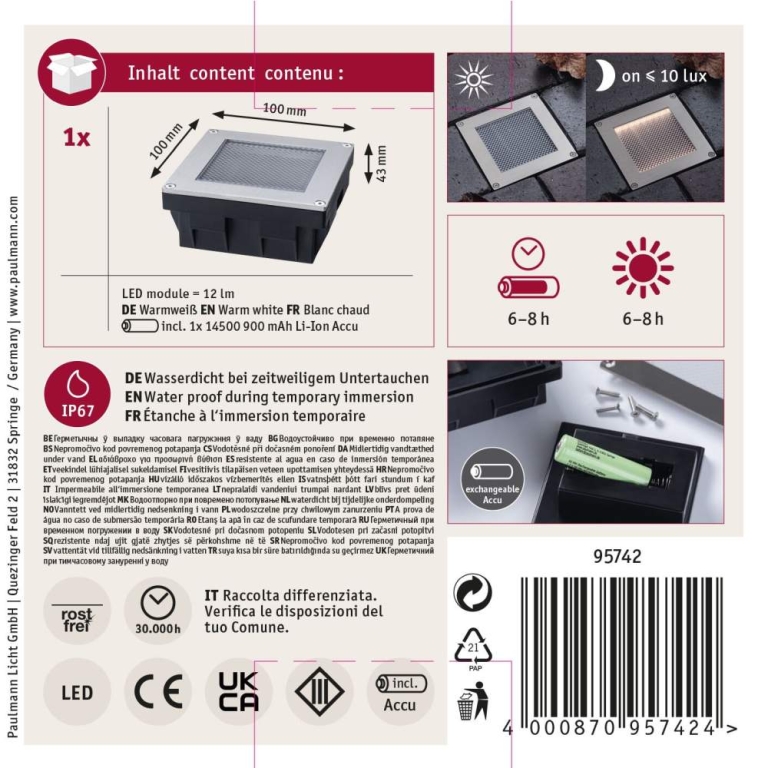 Paulmann Solar LED Bodeneinbauleuchte Sorea Dämmerungssensor IP67 eckig 100x100mm 3000K 0,1W 6lm 3,7V Eisen gebürstet ABS, Polycarbonat, Edelstahl