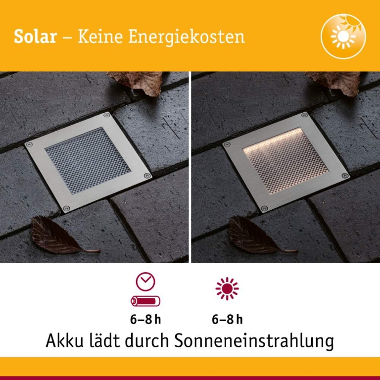 Paulmann Solar LED Bodeneinbauleuchte Sorea Dämmerungssensor IP67 eckig 100x100mm 3000K 0,1W 6lm 3,7V Eisen gebürstet ABS, Polycarbonat, Edelstahl
