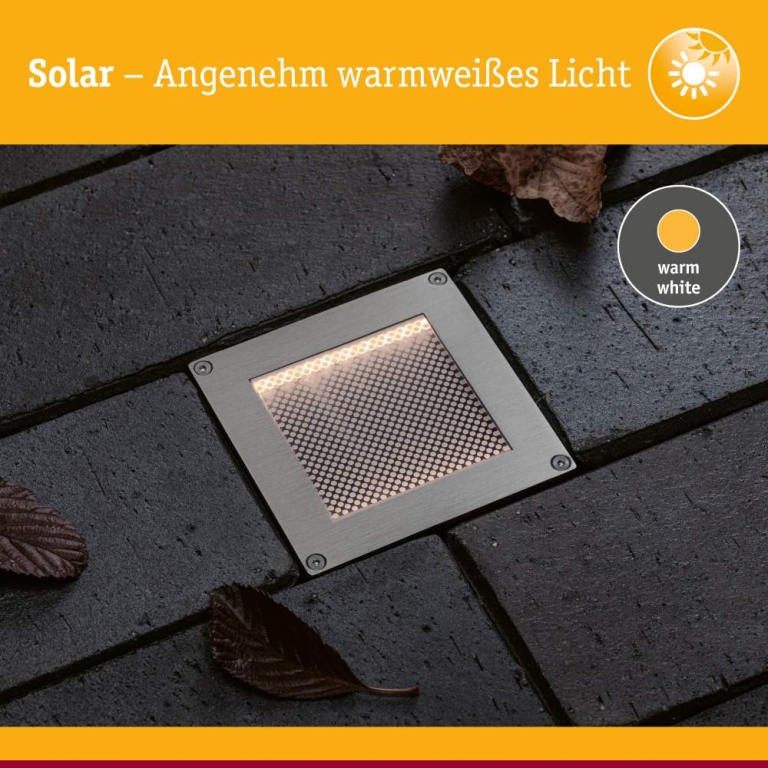Paulmann Solar LED Bodeneinbauleuchte Sorea Dämmerungssensor IP67 eckig 100x100mm 3000K 0,1W 6lm 3,7V Eisen gebürstet ABS, Polycarbonat, Edelstahl