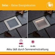 Solar LED Bodeneinbauleuchte Sorea Dämmerungssensor IP67 eckig 100x100mm 3000K 0,1W 6lm 3,7V Eisen gebürstet ABS, Polycarbonat, Edelstahl