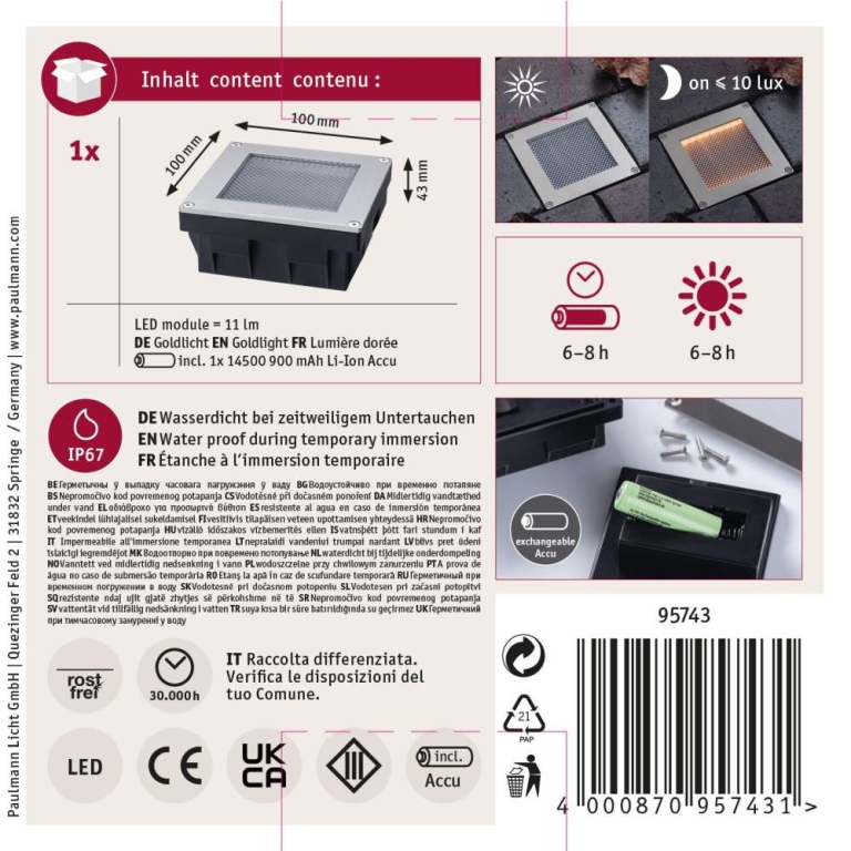 Paulmann Solar LED Bodeneinbauleuchte Sorea Dämmerungssensor IP67 eckig 100x100mm 2200K 0,1W 5lm 3,7V Eisen gebürstet ABS, Polycarbonat, Edelstahl