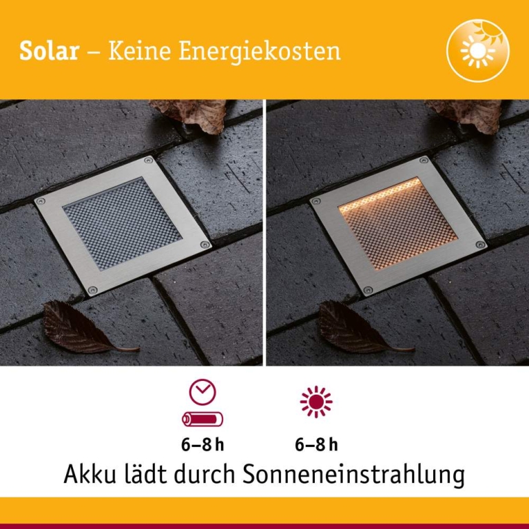 Paulmann Solar LED Bodeneinbauleuchte Sorea Dämmerungssensor IP67 eckig 100x100mm 2200K 0,1W 5lm 3,7V Eisen gebürstet ABS, Polycarbonat, Edelstahl