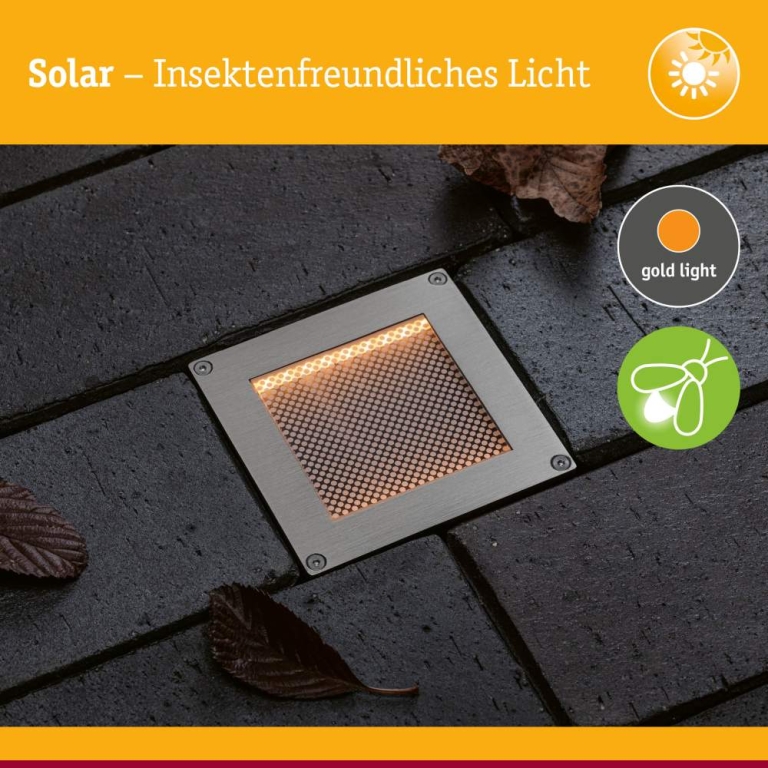 Paulmann Solar LED Bodeneinbauleuchte Sorea Dämmerungssensor IP67 eckig 100x100mm 2200K 0,1W 5lm 3,7V Eisen gebürstet ABS, Polycarbonat, Edelstahl
