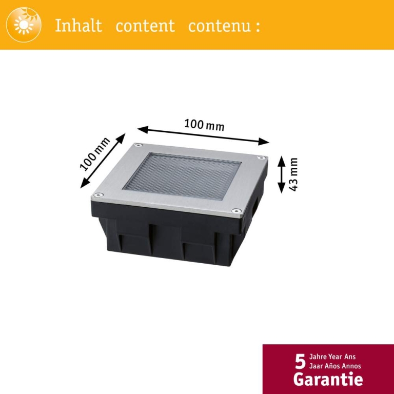 Paulmann Solar LED Bodeneinbauleuchte Sorea Dämmerungssensor IP67 eckig 100x100mm 2200K 0,1W 5lm 3,7V Eisen gebürstet ABS, Polycarbonat, Edelstahl