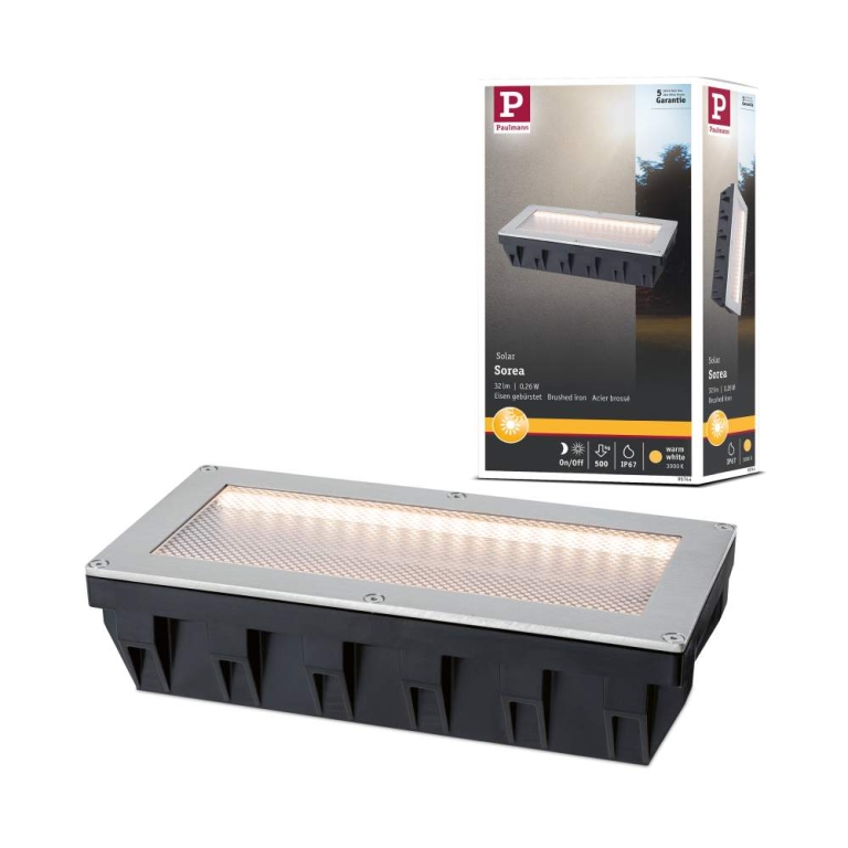 Paulmann Solar LED Bodeneinbauleuchte Sorea Dämmerungssensor IP67 eckig 200x100mm 3000K 0,3W 16lm 3,7V Eisen gebürstet ABS, Polycarbonat, Edelstahl