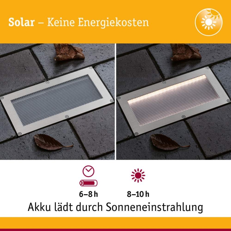 Paulmann Solar LED Bodeneinbauleuchte Sorea Dämmerungssensor IP67 eckig 200x100mm 3000K 0,3W 16lm 3,7V Eisen gebürstet ABS, Polycarbonat, Edelstahl