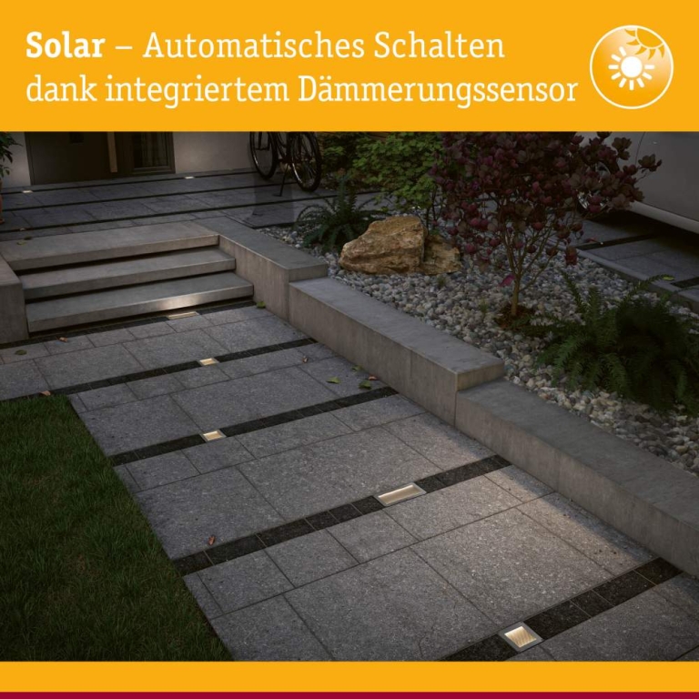 Paulmann Solar LED Bodeneinbauleuchte Sorea Dämmerungssensor IP67 eckig 200x100mm 3000K 0,3W 16lm 3,7V Eisen gebürstet ABS, Polycarbonat, Edelstahl