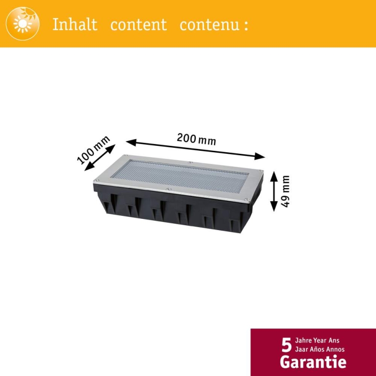 Paulmann Solar LED Bodeneinbauleuchte Sorea Dämmerungssensor IP67 eckig 200x100mm 3000K 0,3W 16lm 3,7V Eisen gebürstet ABS, Polycarbonat, Edelstahl