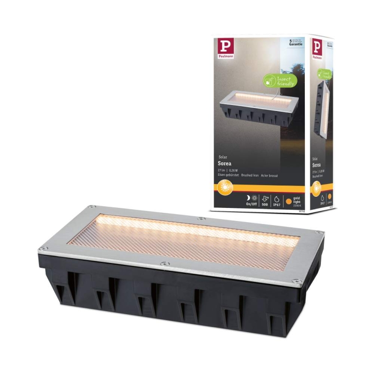 Paulmann Solar LED Bodeneinbauleuchte Sorea Dämmerungssensor IP67 eckig 200x100mm 2200K 0,3W 14lm 3,7V Eisen gebürstet ABS, Polycarbonat, Edelstahl