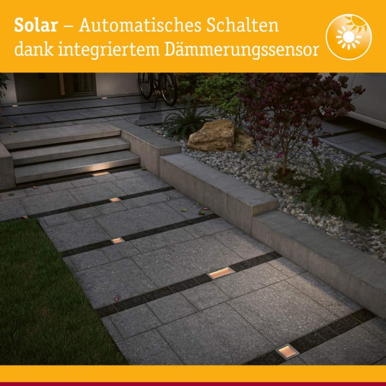Paulmann Solar LED Bodeneinbauleuchte Sorea Dämmerungssensor IP67 eckig 200x100mm 2200K 0,3W 14lm 3,7V Eisen gebürstet ABS, Polycarbonat, Edelstahl