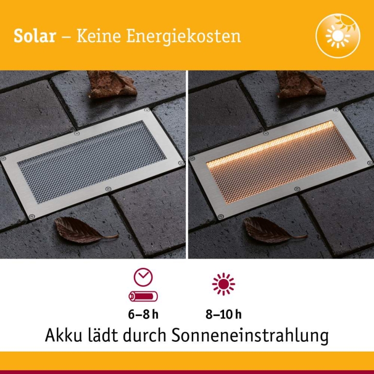 Paulmann Solar LED Bodeneinbauleuchte Sorea Dämmerungssensor IP67 eckig 200x100mm 2200K 0,3W 14lm 3,7V Eisen gebürstet ABS, Polycarbonat, Edelstahl