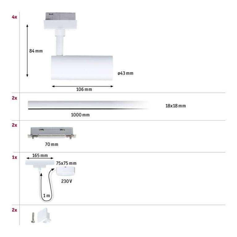 Paulmann URail Schienenspot Tubo Starterset  4x150lm 4x4W 3000K dimmbar 230V Signalweiß