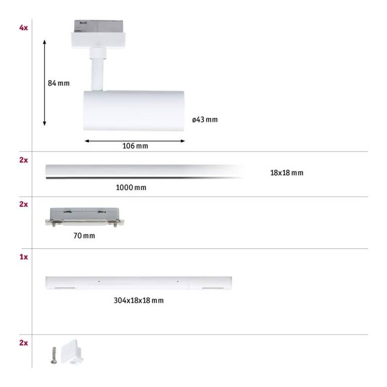 Paulmann URail Schienenspot Tubo Starterset  4x150lm 4x4W 3000K dimmbar 230V Signalweiß