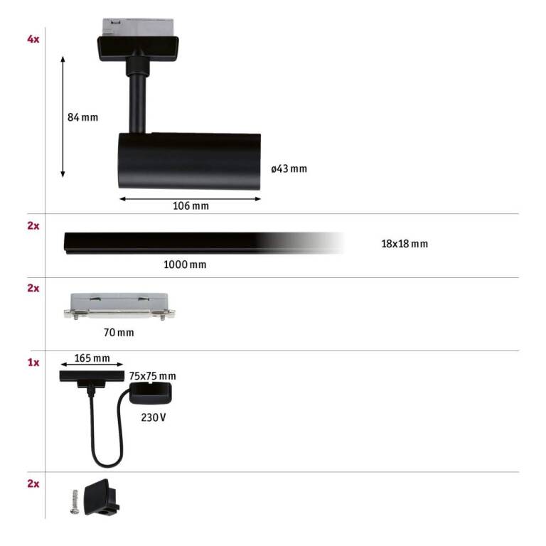 Paulmann URail Tubo Starterset Komplettset schwarz matt mit 4 Spots 4,5W + Kabeleinspeisung