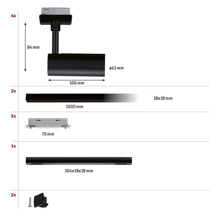Paulmann URail Tubo Starterset Komplettset schwarz matt mit 4 Spots 4,5W + Mitteleinspeisung
