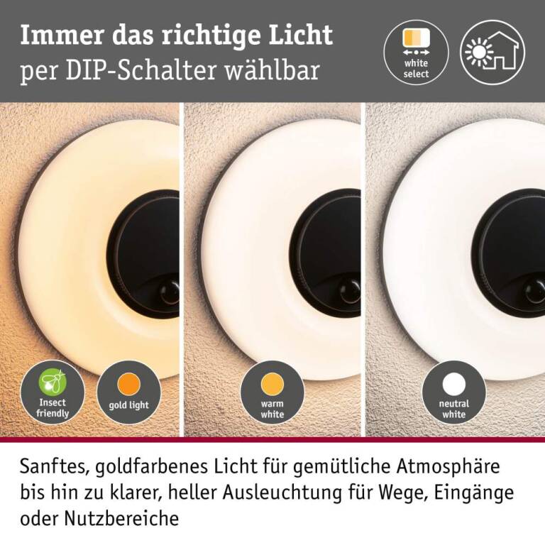 Paulmann LED Außenwandleuchte Aureva inkl. Bewegungsmelder IP65 rund 220mm 2200 - 4000K 20,5W 1630lm 230V  Anthrazit, Weiß Polycarbonat