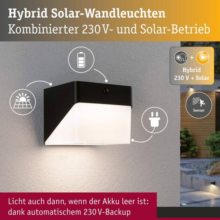 Paulmann Hybrid LED Außenwandleuchte Lioren House 230V + Solar IP44 eckig 170x170mm 3000K 2,3W 230lm 230V Schwarz