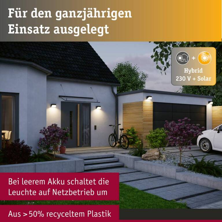 Paulmann Hybrid LED Außenwandleuchte Lioren House 230V + Solar IP44 eckig 170x170mm 3000K 2,3W 230lm 230V Schwarz