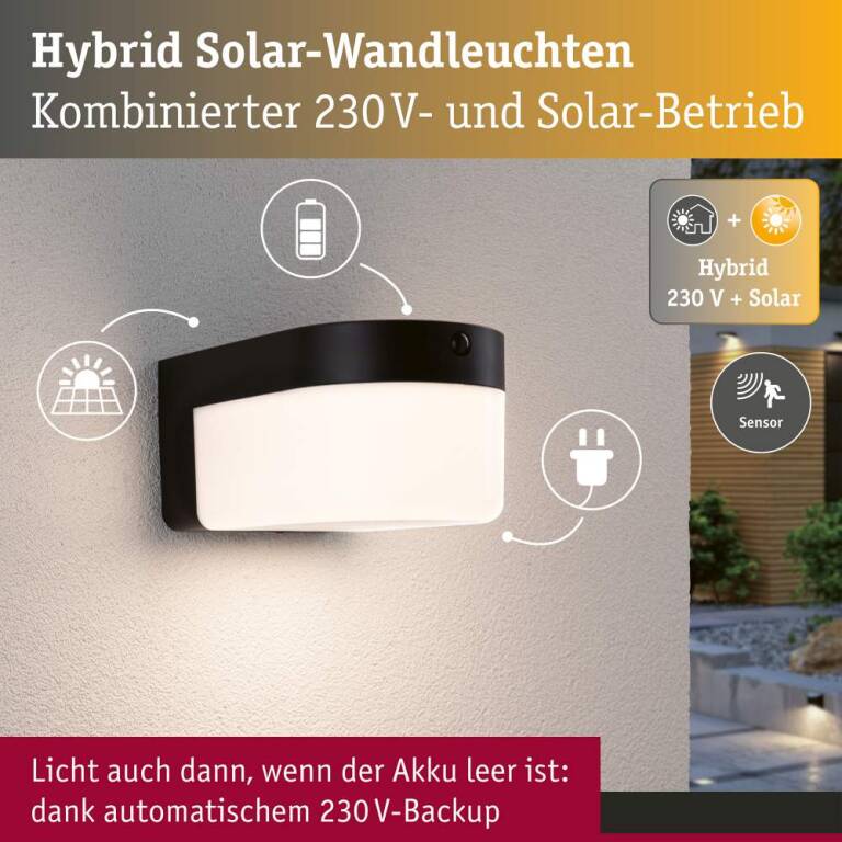Paulmann Hybrid LED Außenwandleuchte Calyne House 230V + Solar IP44 eckig 145x229mm 3000K 2,3W 230lm 230V Schwarz