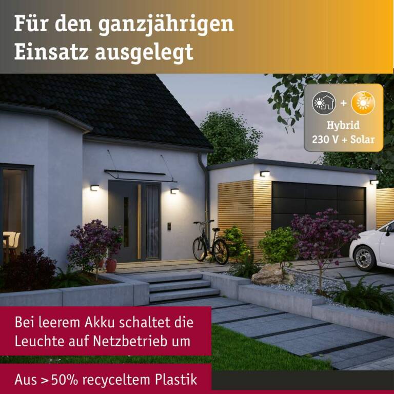 Paulmann Hybrid LED Außenwandleuchte Calyne House 230V + Solar IP44 eckig 145x229mm 3000K 2,3W 230lm 230V Schwarz