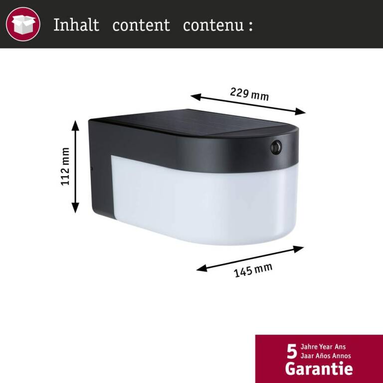 Paulmann Hybrid LED Außenwandleuchte Calyne House 230V + Solar IP44 eckig 145x229mm 3000K 2,3W 230lm 230V Schwarz