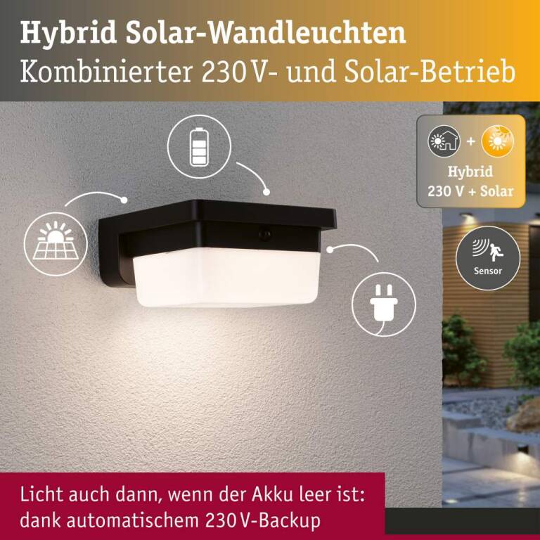 Paulmann Hybrid LED Außenwandleuchte Isleen House 230V + Solar IP44 eckig 163x163mm 3000K 2,3W 230lm 230V Schwarz