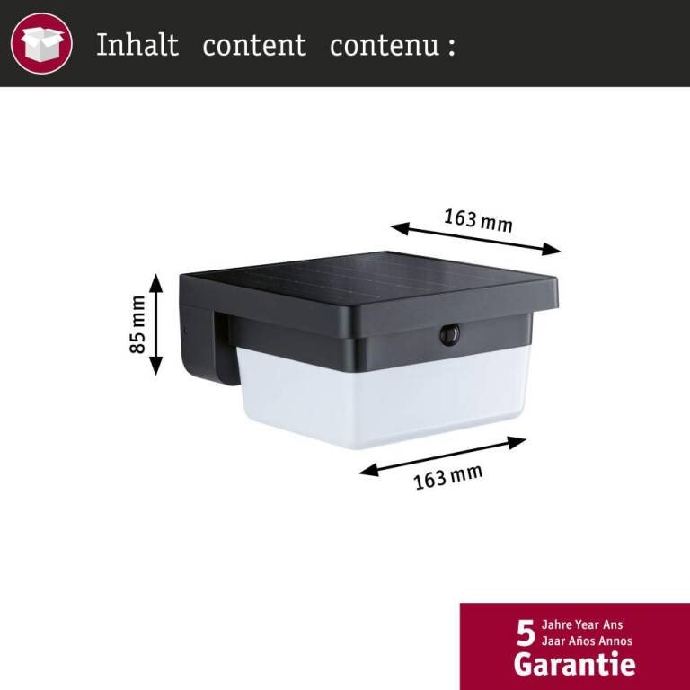 Paulmann Hybrid LED Außenwandleuchte Isleen House 230V + Solar IP44 eckig 163x163mm 3000K 2,3W 230lm 230V Schwarz