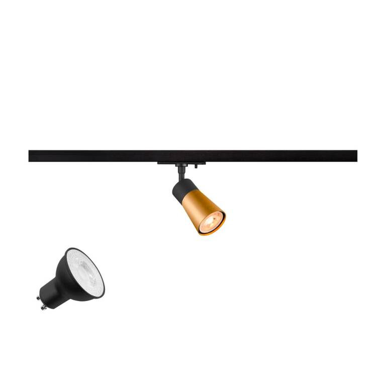 SLV PURI 2.0 LAMP SET, Cone, 1~ Spot, INKL. PAR16 GU10, 3000 K, GU10, 1 x 6 W, PHASE, 38°, schwarz / goldfarben
