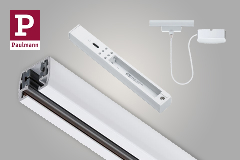 Schienen und Stromeinspeisung für URail Schienensystem in Signalweiß